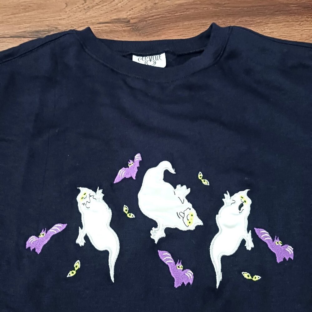 Vintage‎ Cervelle Womens Ghosts Bats Crew Neck Acrylic Sweatshirt 3X Embroidered